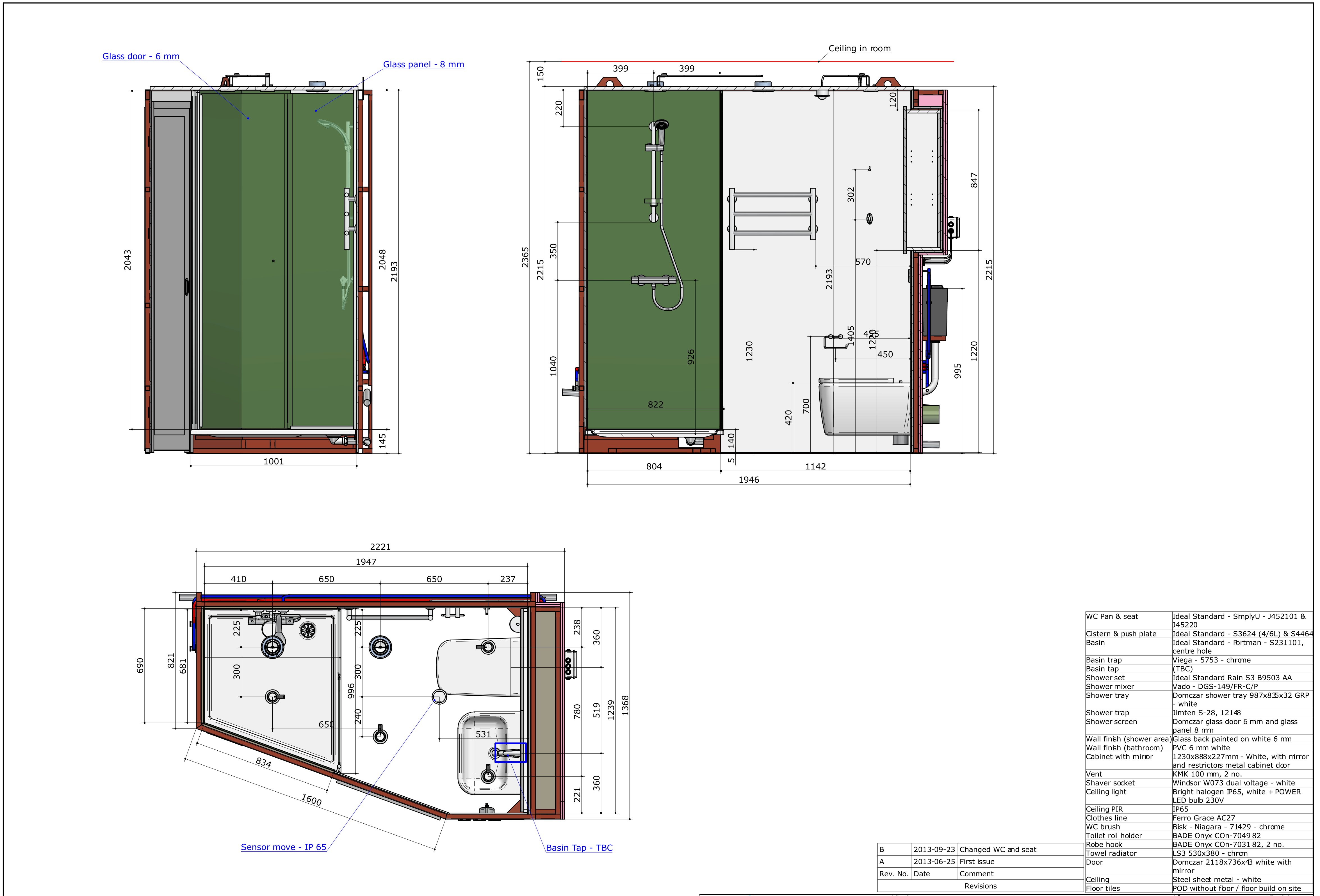 Bathroom pod floor plan and elevation